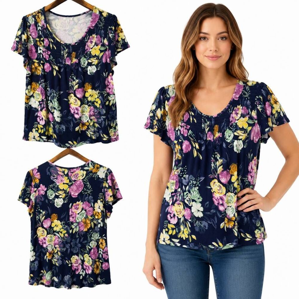Maurices XL Floral Smocked Yoke Flutter Sleeve Top